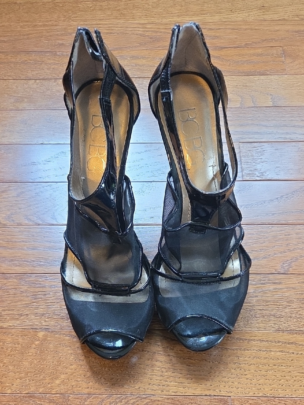 BCBG Black Mesh & Patent Open-Toe Heels